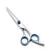 A pair of professional stainless steel pet grooming scissors with blue accents.