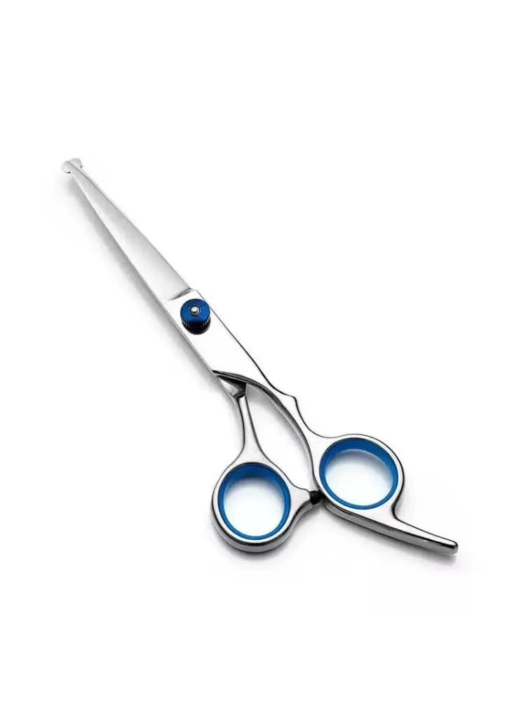 A pair of professional stainless steel pet grooming scissors with blue accents.