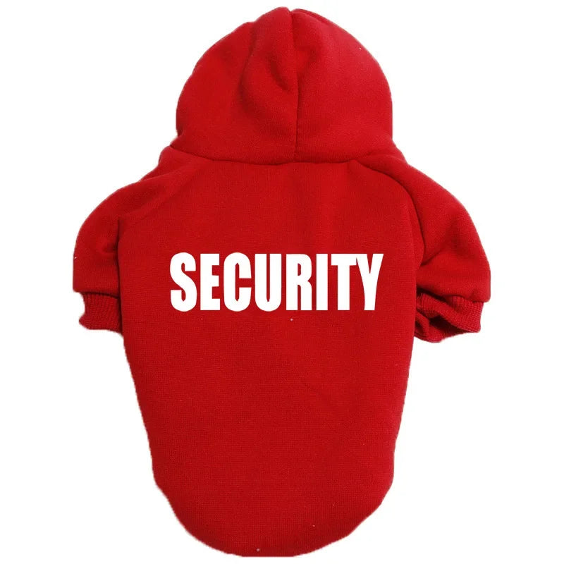 A bright red cozy fleece dog hoodie with a hood and the word SECURITY printed on the back.