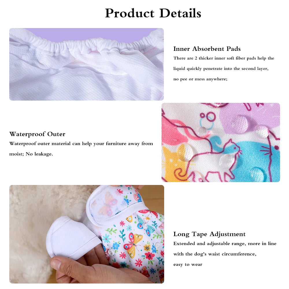 Diagrams showing inner absorbent pads, waterproof outer material, and long tape adjustment for reusable female dog diapers.