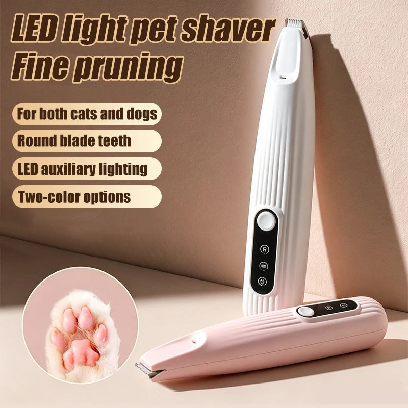 A white and pink cordless pet shaver with a round blade, showing close-up of pet fur.