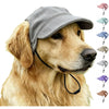 A golden retriever wearing a gray durable baseball cap, with several variations of the cap shown on the right.