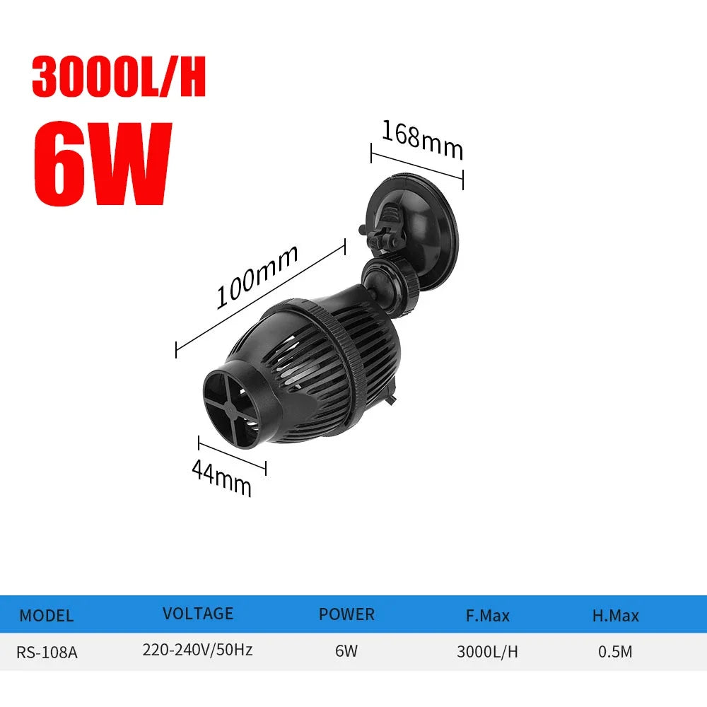 A black submersible water circulation pump with a 3000L/H flow rate and 6W power.