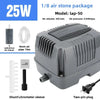 A gray air stone oxygen pump package showing the unit, 8 cylindrical air stones, and a shunt/chrometer sleeve.