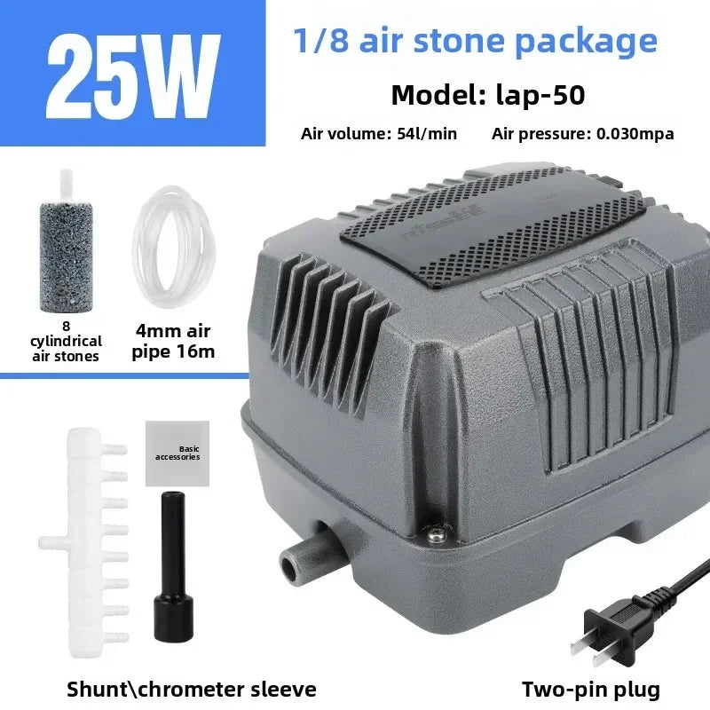 A gray air stone oxygen pump package showing the unit, 8 cylindrical air stones, and a shunt/chrometer sleeve.