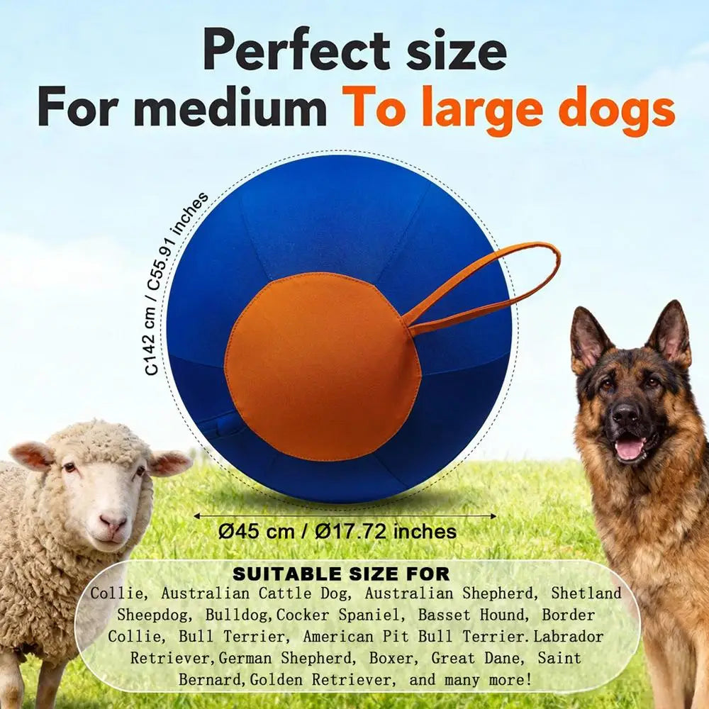 An orange interactive herding ball for dogs shown next to a sheep and a German Shepherd.