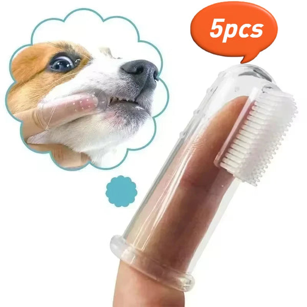 A silicone finger toothbrush for dogs is shown being used on a dog's mouth.