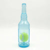 A clear blue plastic bottle filled with liquid, featuring a tennis ball chew toy visible at the bottom.