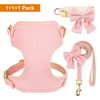 A pink 1+1+1 pack of breathable dog harness, collar, and leash set with a bowknot.