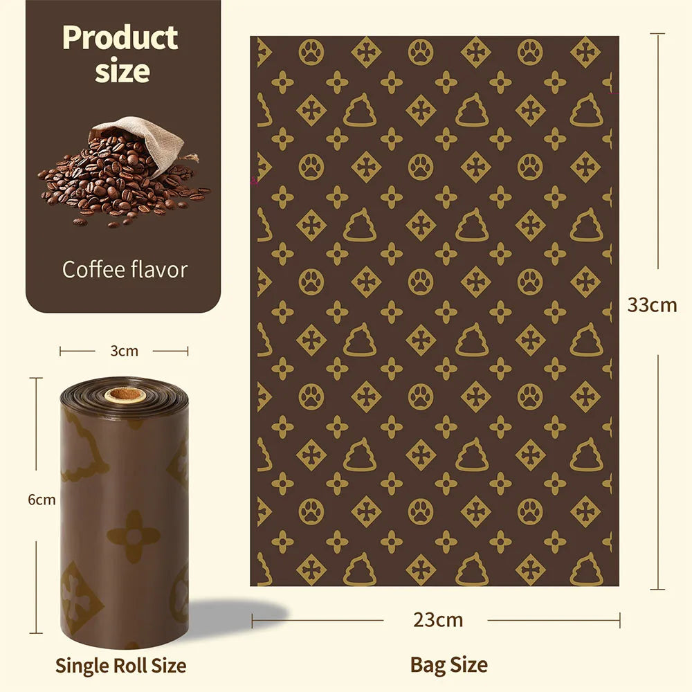 A roll of biodegradable scented dog poop bags showing the product size and bag size.