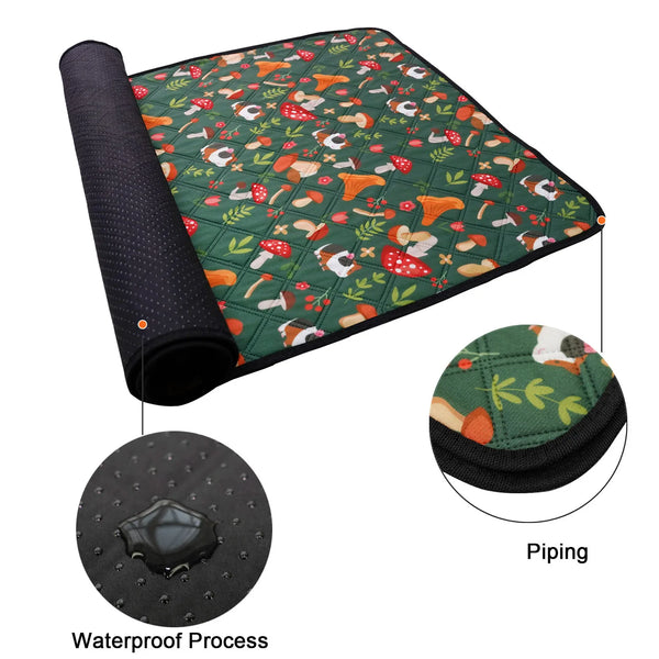 A roll of waterproof pet cage mat featuring a green fabric pattern and black piping.