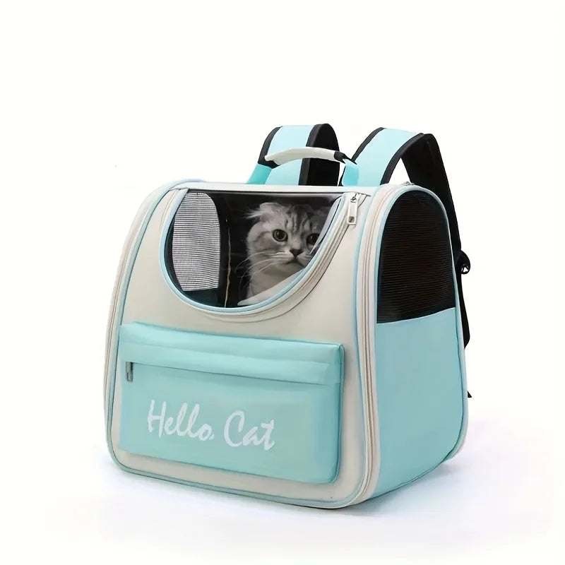 Helles blaues Reise-Rucksack für Haustiere mit Netzfenster und gepolstertem Fach für Katzen.