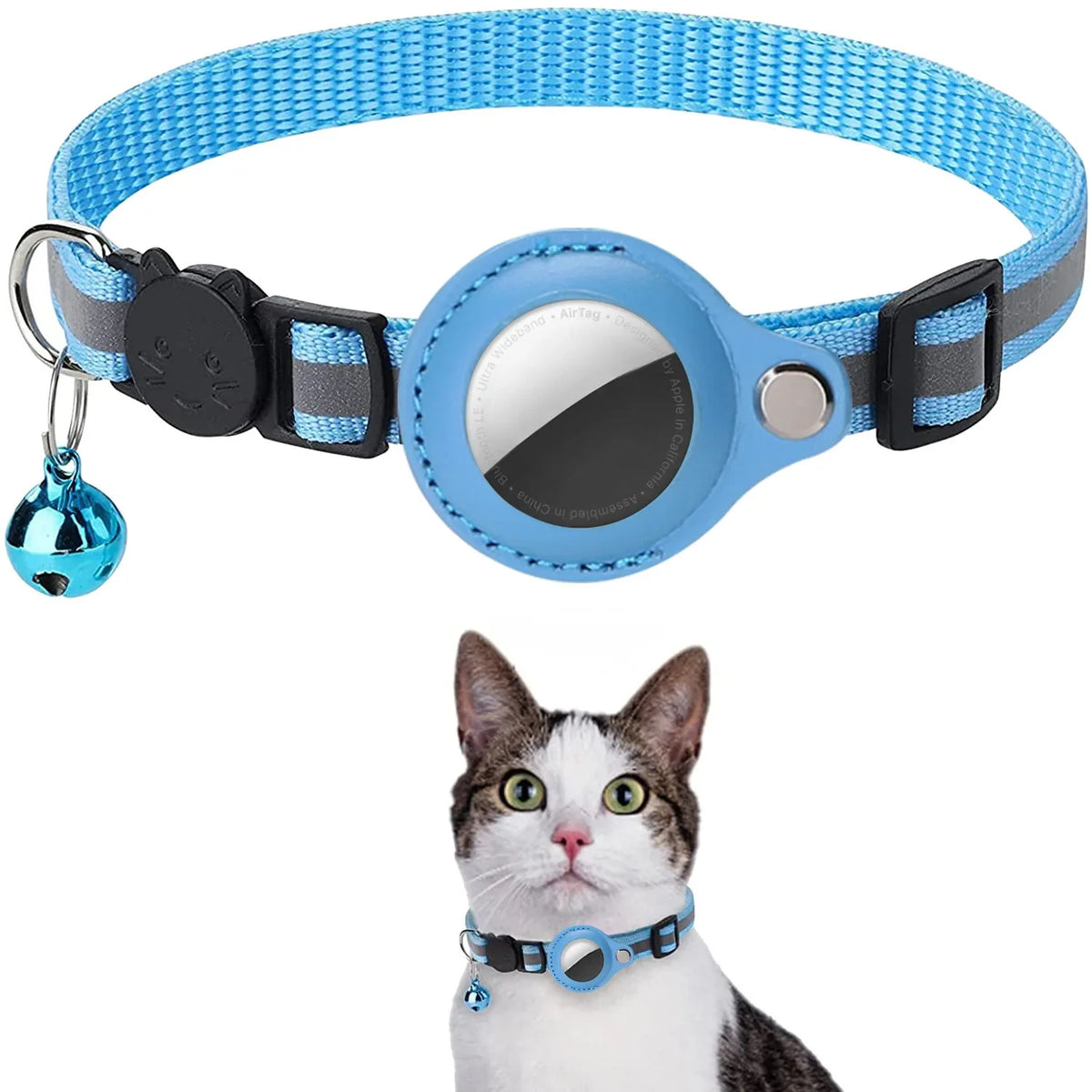 A blue smart cat collar with a silver AirTag holder and black breakaway buckle, shown next to a cat.