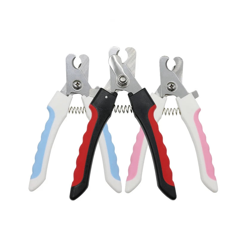 A set of stainless steel pet nail clippers for dog and cat grooming, featuring white and colored handles.