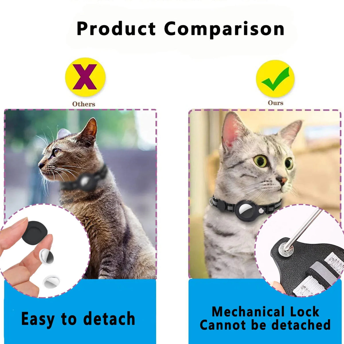 Comparison showing a cat collar with an AirTag holder and breakaway buckle versus others, highlighting easy detachment.