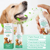 A hand sprays Pet Oral Freshening Spray for dogs and cats, next to the product bottle and a dog.