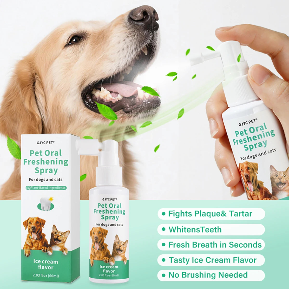 A hand sprays Pet Oral Freshening Spray for dogs and cats, next to the product bottle and a dog.