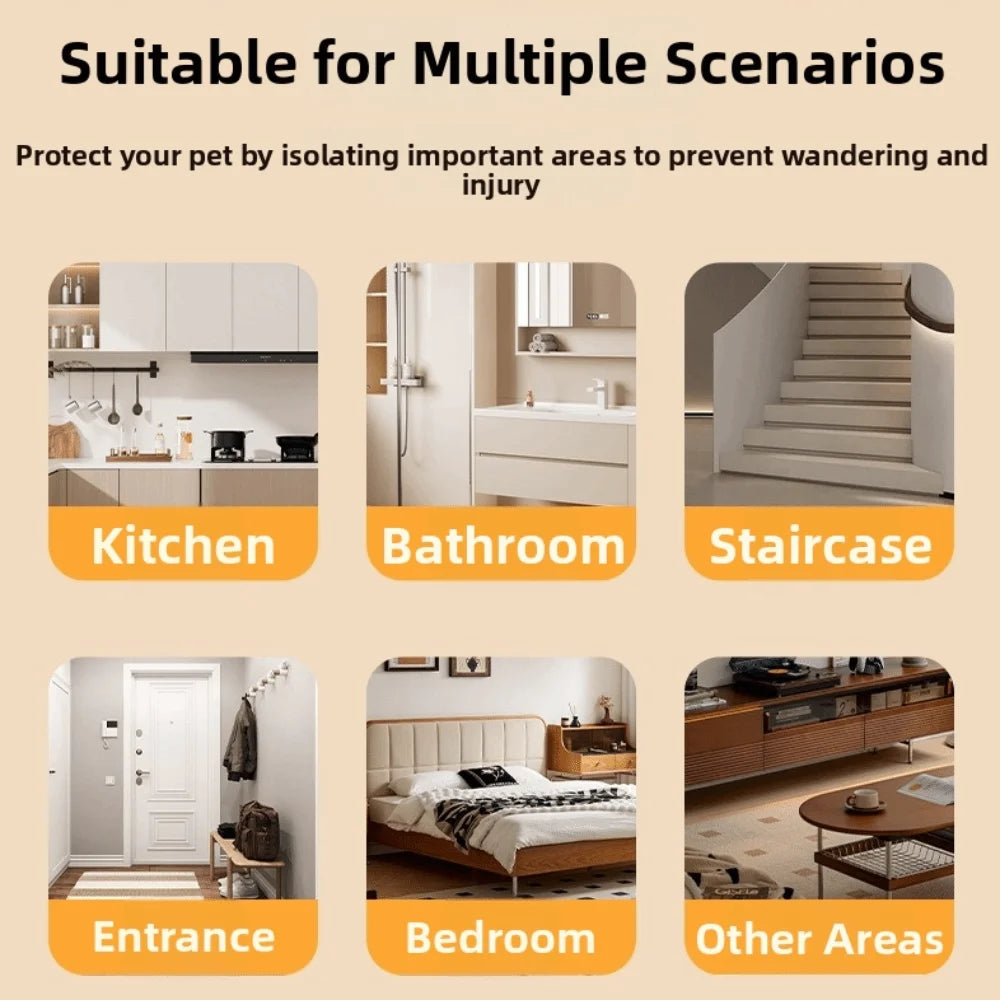A set of foldable metal mesh pet gates and barriers suitable for isolating areas like kitchen, bathroom, staircase, entrance,