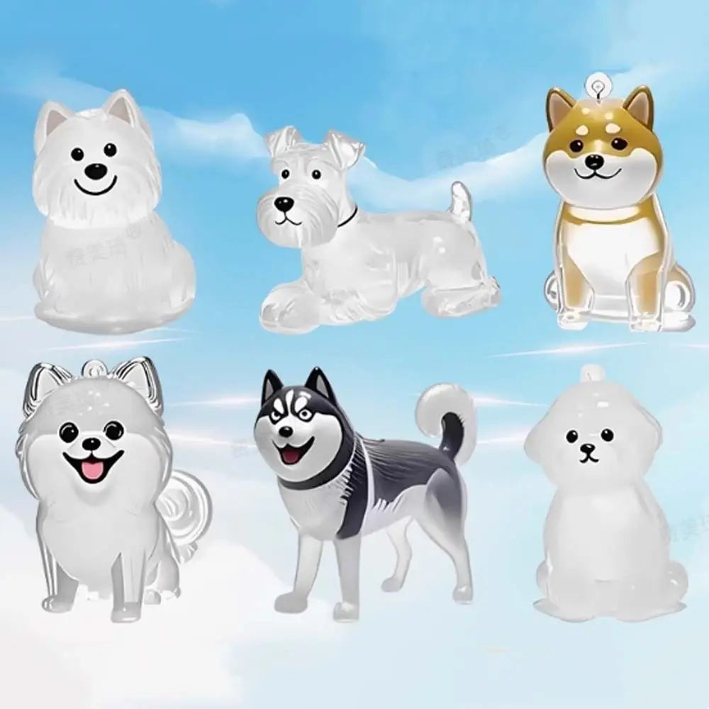 Colección de figuras de perros de acrílico transparente en varios razas y poses para llaveros de almacenamiento de cabello.