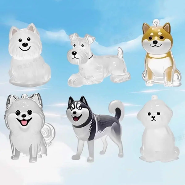 A collection of clear acrylic cartoon dog figures in various breeds and poses for hair storage keychains.
