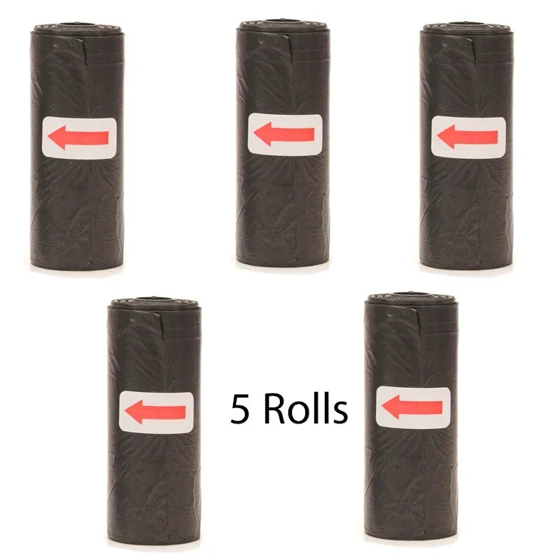 Five rolls of black reusable pet poop bags with red arrows indicating direction
