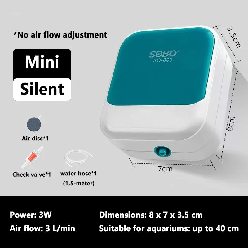 A white and teal Mini Silent air pump for aquariums with accessories shown.