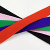 A colorful woven nylon dog training leash featuring stripes of pink, black, green, purple, and orange.