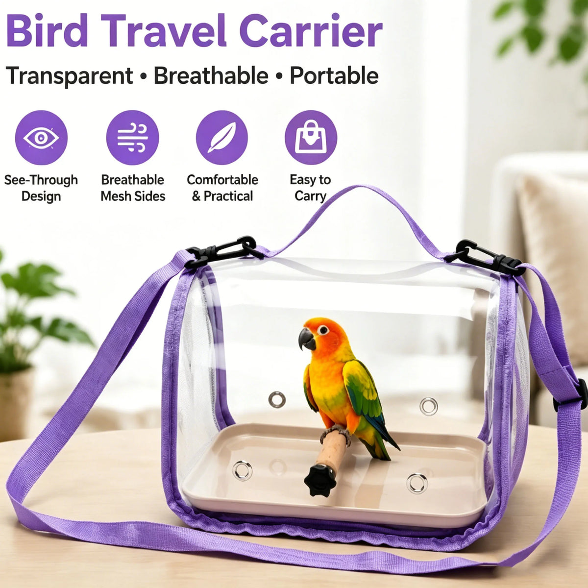 A clear, breathable bird travel carrier with a purple strap, holding a small parrot.