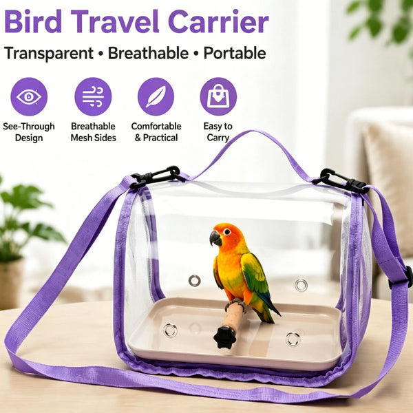 A clear, breathable bird travel carrier with a purple strap, holding a small parrot.