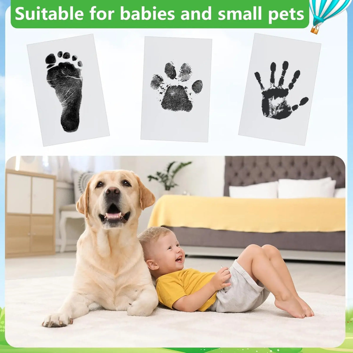 Kit de empreintes de pattes jaunes avec trois empreintes sur des cartes blanches, avec un chiot et un enfant en arrière-plan.