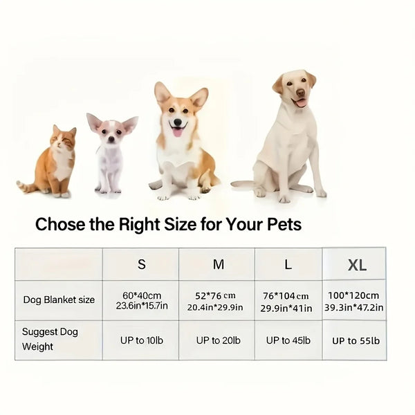 A guide showing dog blanket sizes S, M, L, and XL with corresponding weight limits for pets.