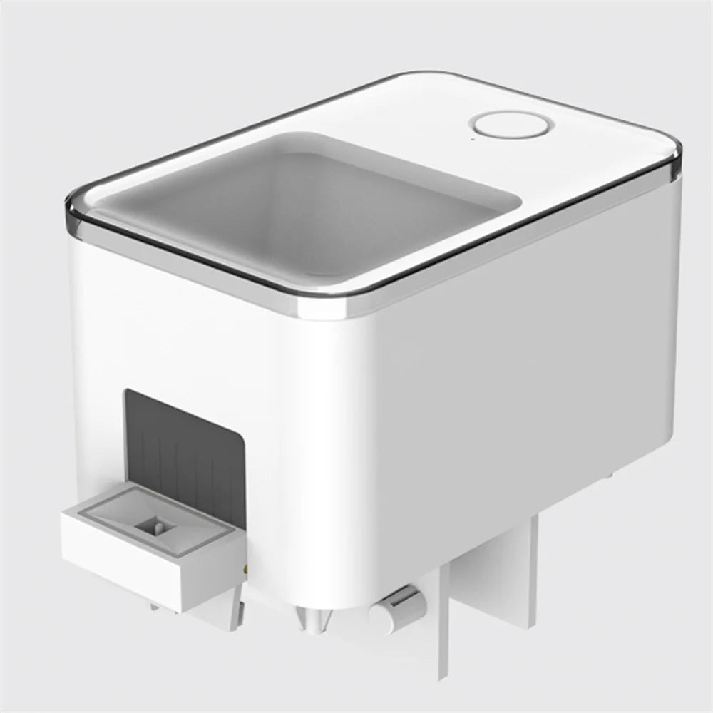 Râtelier automatique WiFi blanc pour poissons d'aquarium, vue de dessus.