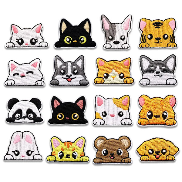 A collection of embroidered cat iron-on patches featuring various breeds and colors like black, white, orange, and gray.