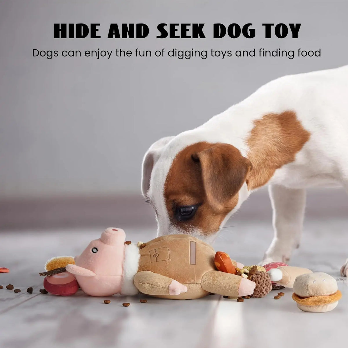 A dog is sniffing and digging for food from a pile of zombie mummy chew toys on a light surface.