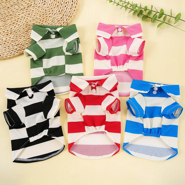 A collection of striped polo shirts for pets, including green and white, pink and white, and blue and white.