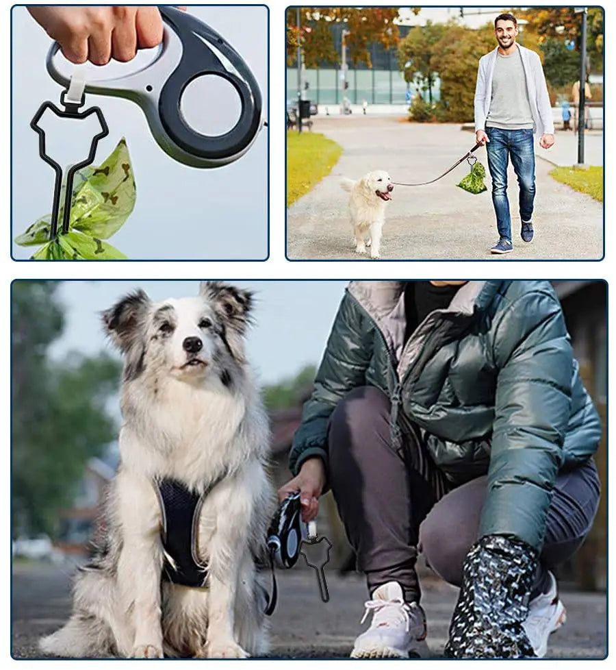 A person is using a hands-free dog poop bag dispenser with a leash clip to pick up dog waste.