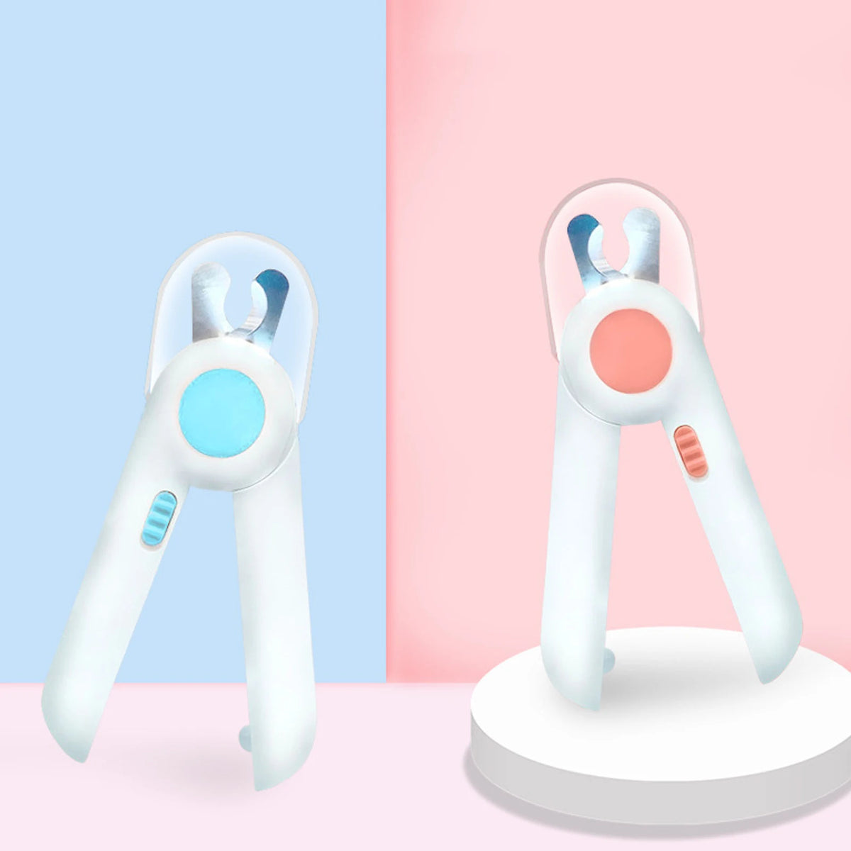 A white professional pet nail clipper with a light blue LED feature shown against a pink background.