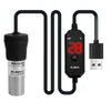 Calentador de acuario USB negro ajustable con cable enrollado y pantalla digital que muestra 28 grados.