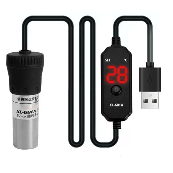 Calentador de acuario USB negro ajustable con cable enrollado y pantalla digital que muestra 28 grados.