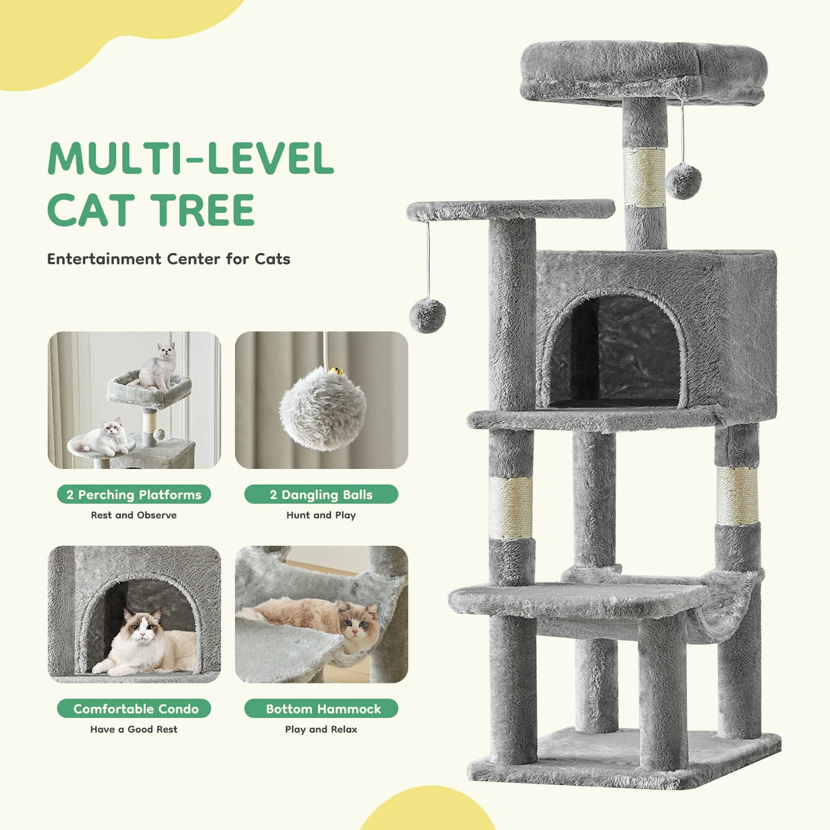 A multi-level cat tree made of gray sisal material featuring perching platforms, dangling balls, and a bottom hammock for cat