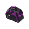 A purple and black portable foldable pet carrier for cats and dogs.