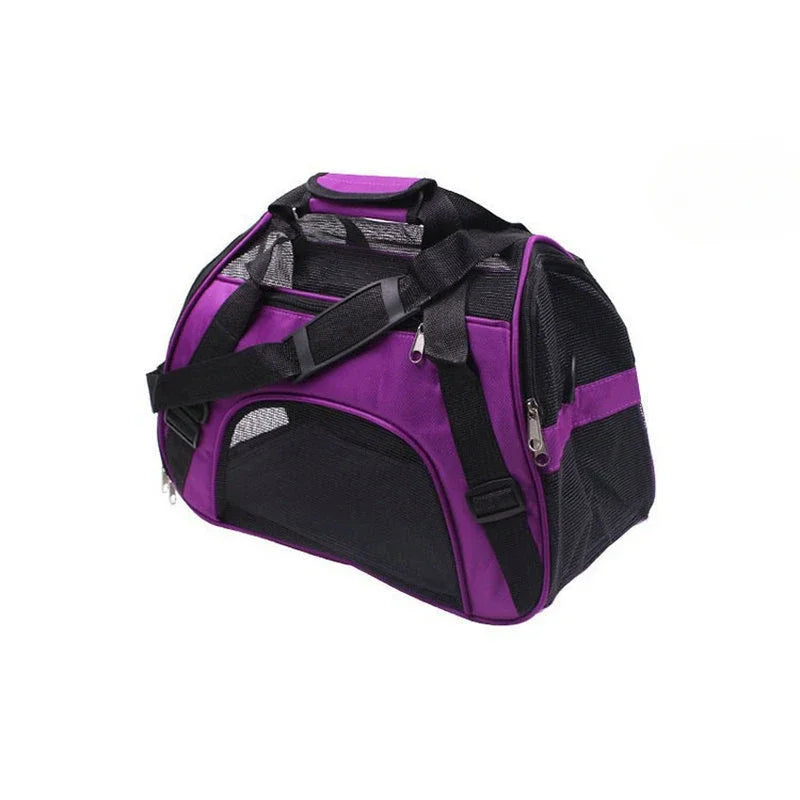 A purple and black portable foldable pet carrier for cats and dogs.