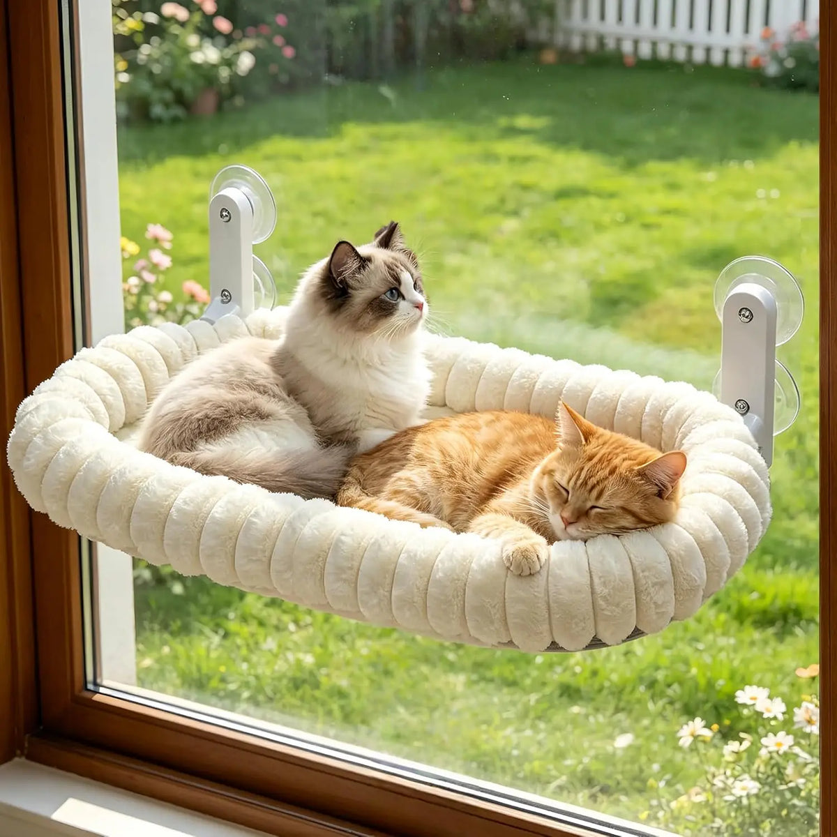 A fluffy gray and white cat is relaxing in a beige cordless hammock window perch with suction cups.