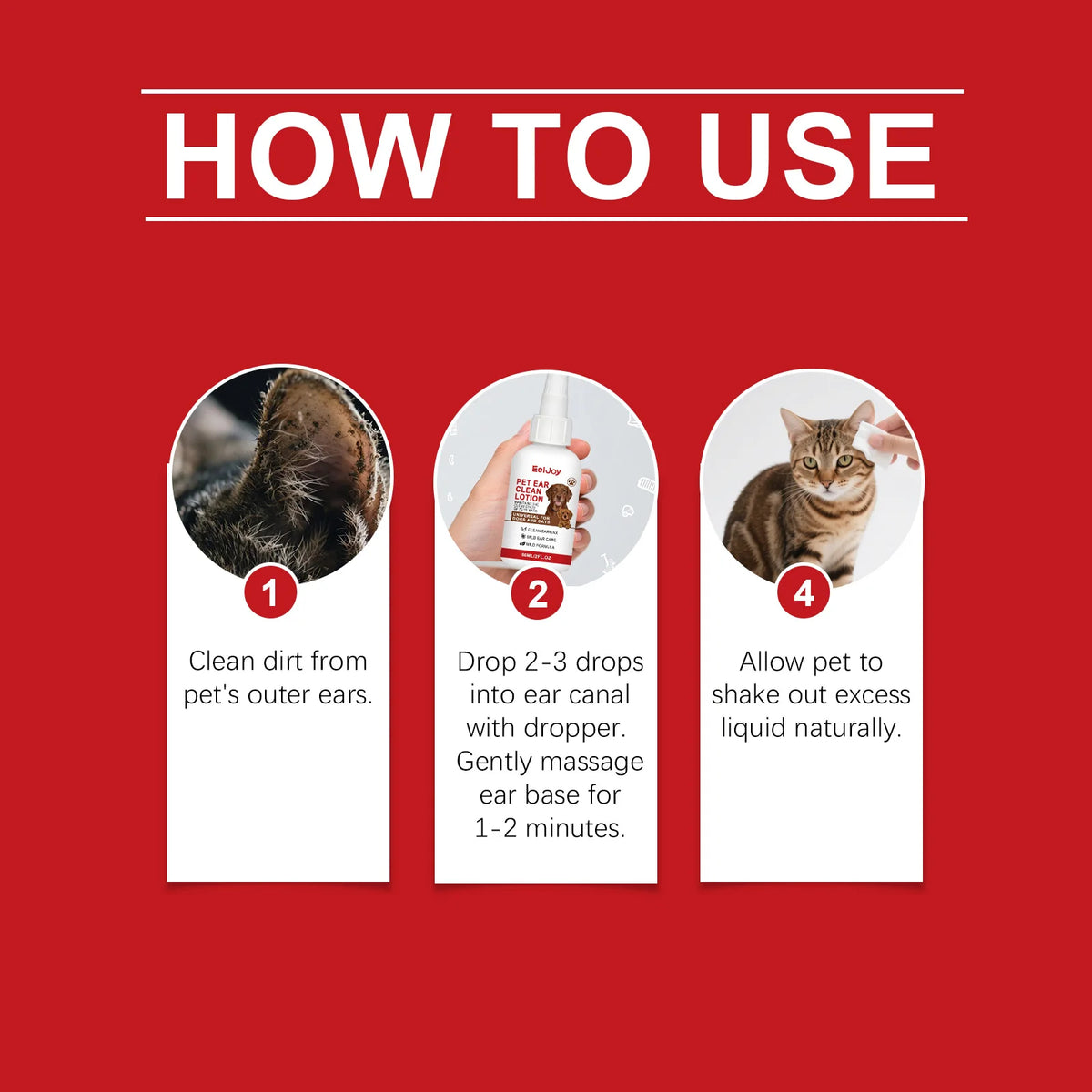 Instructional graphic showing steps for using a pet ear cleaning solution on an animal.