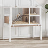 A white two-story wooden guinea pig cage with a stand and ramp, featuring a wire enclosure and bedding.