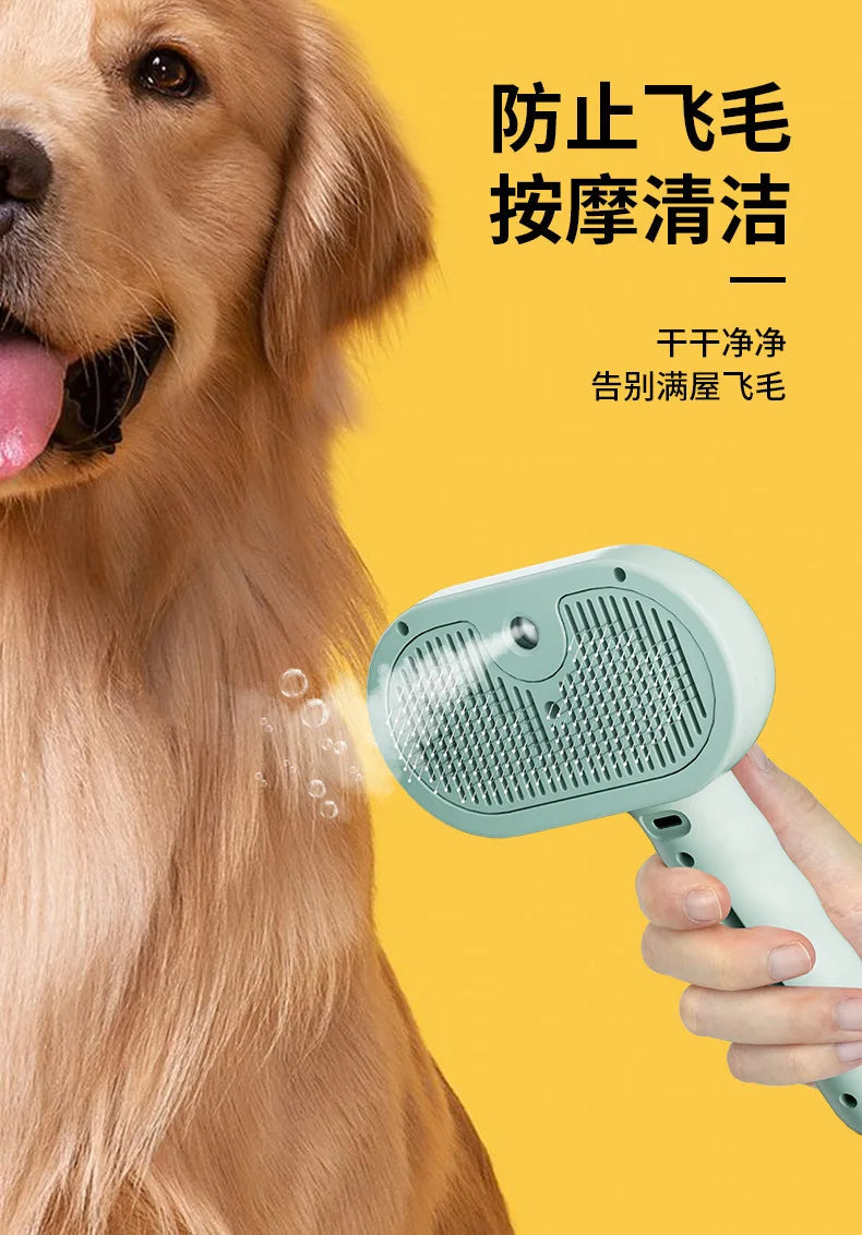 A hand is using a light green grooming brush on a dog's fur to prevent matting and clean the coat.