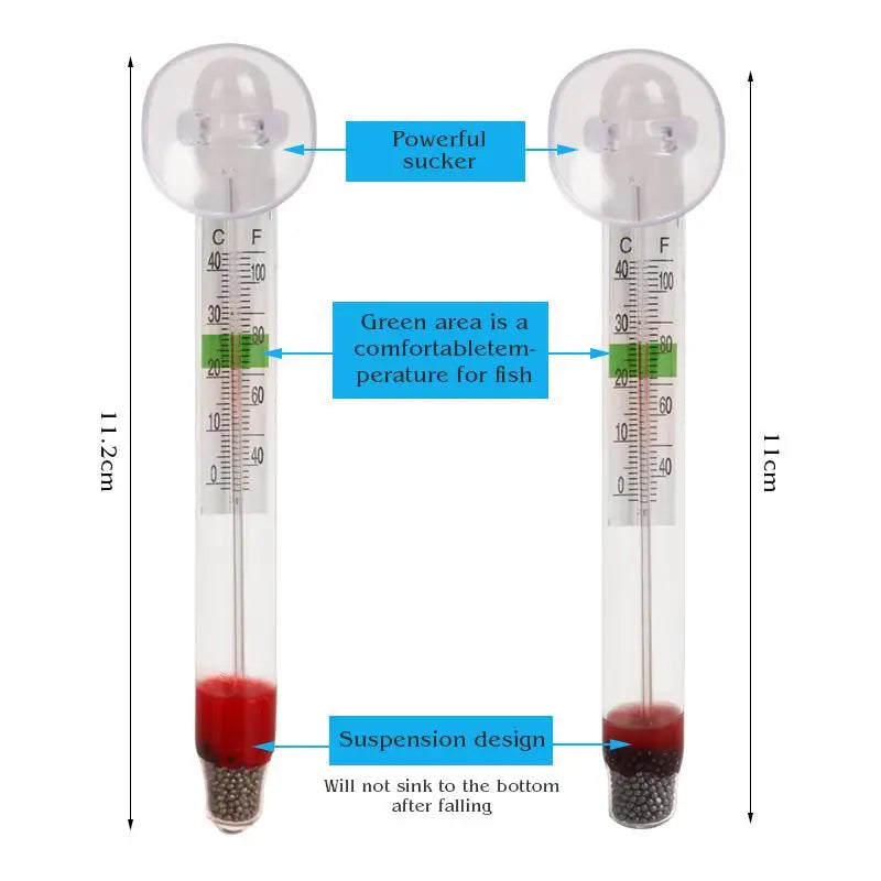 Vertikaler schwimmender Aquariumthermometer mit starkem Saugnapf und Aufhängungsdesign zur Messung der Wassertemperatur.