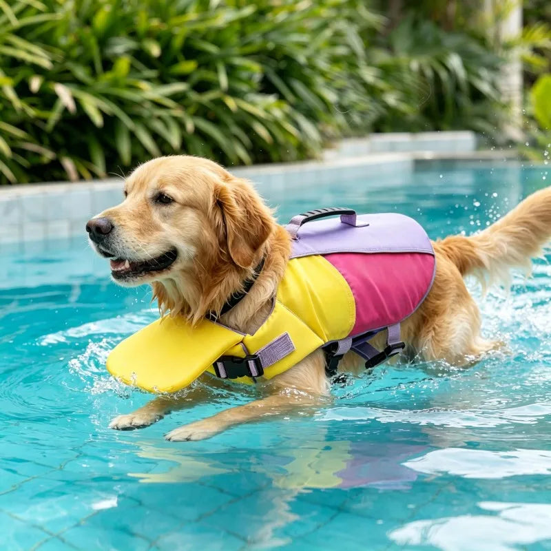A golden retriever wearing a colorful life jacket swims in blue water.