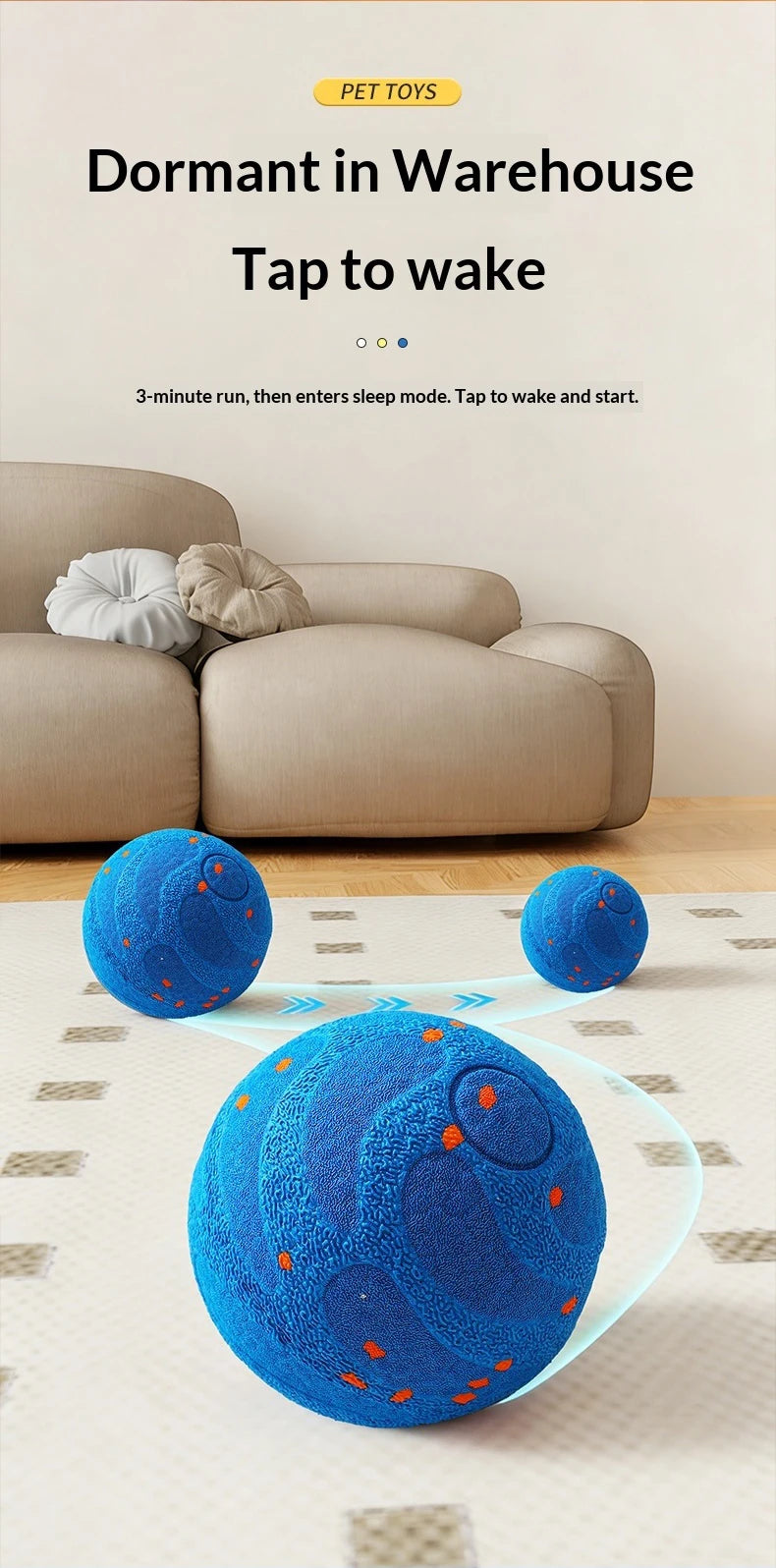 A bright blue, textured smart dog chew ball is shown resting on a light-colored rug.