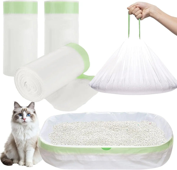 White heavy duty jumbo cat litter liners and a white mesh bag for litter